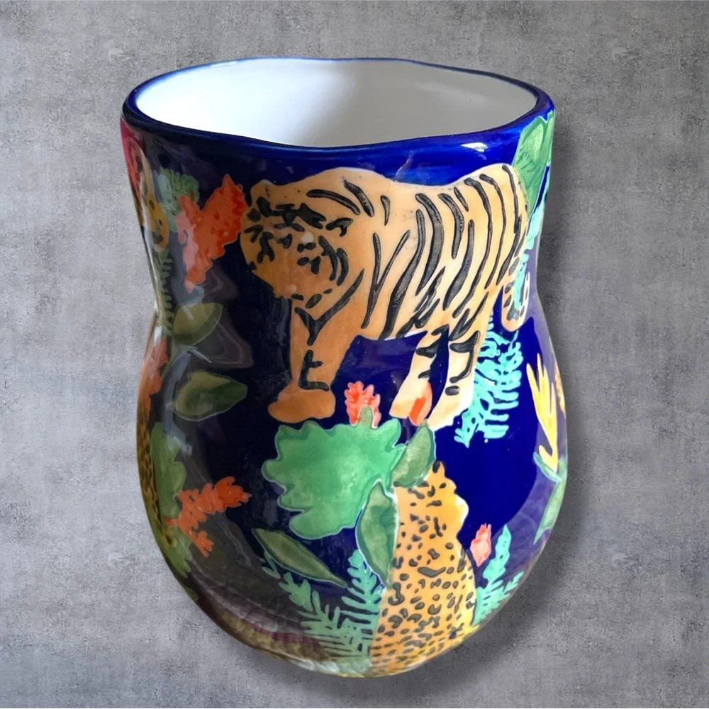 Anthropologie Leah Reena Goren Blue Tiger Cheetah Cat Flora Fauna Ceramic Vase